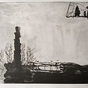 schwarz-hellgraue Zeichnung von abstrakten Spiegelungen im Wasser