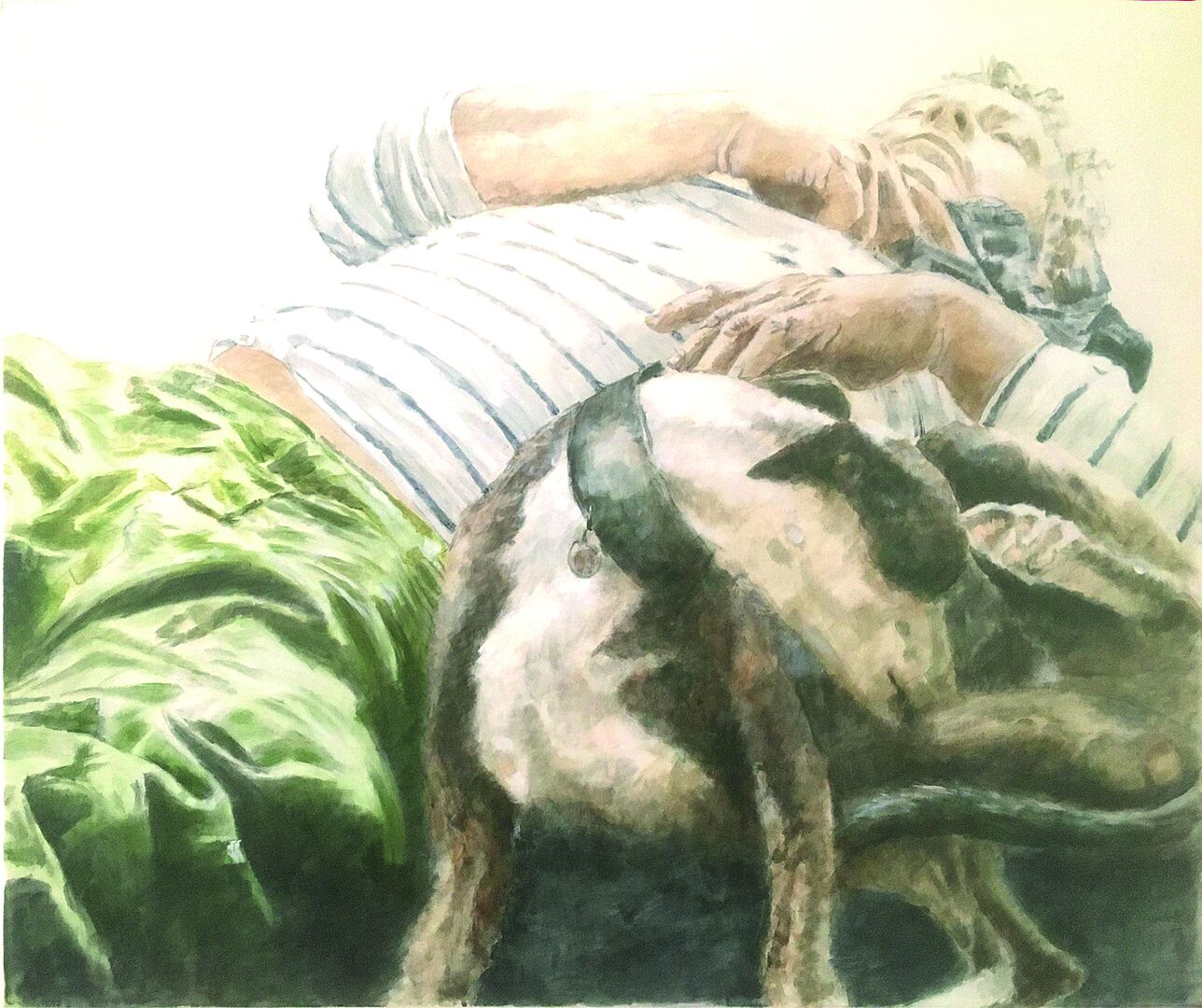 "Lucian greets" Aquarell Bild eines schlafenden Mannes in hellgrüner Hose und weißem Shirt mit schwarzen Querstreifen, an der linken Seite unter seinem angewinkeltem Arm, schläft ein zusammengerollter Hunds Ringelschirt