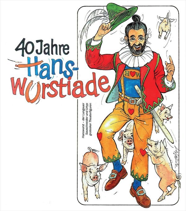 "Sküs" aus dem «Salzburger Jubiläums-Tarock» (2016) Illustration des Hanswurst umringt von mehreren kleinen Schweinen