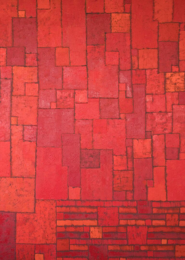 Richard Hirschbäck, ohne Titel, 2000 - 2007 Abstraktes Bild mit unterschieldichen Rechtecken in rot und orange Tönen