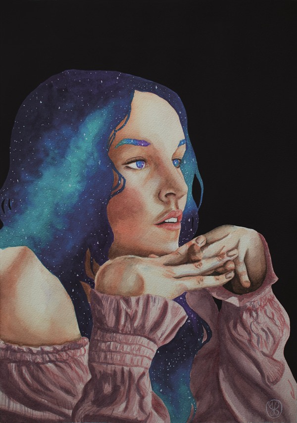 Generation 11 gemaltes Oberkörperportrait einer jungen Frau die ihr Kinn auf die Handrücken gelegt hat, mit dunklem, langen, gewelltem Haar, dunklen Augen und Augenbrauen, in denen Sterne glitzern.