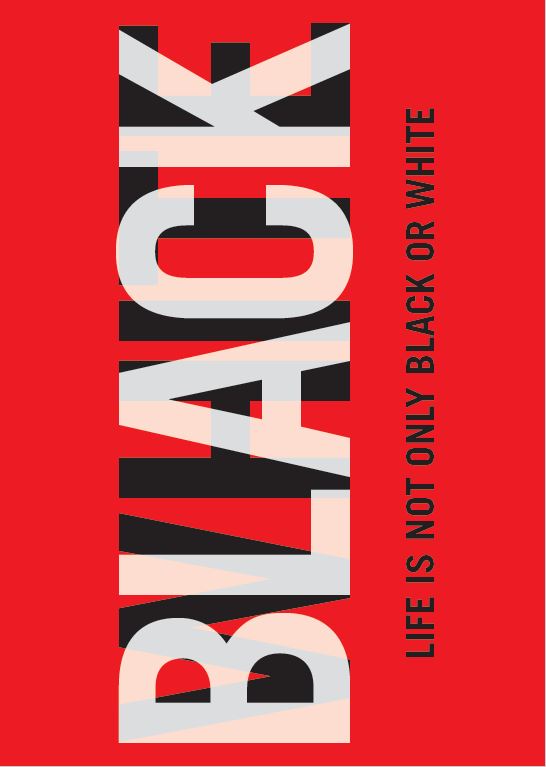 BLACK-Schriftzug in der Farbe weiß, dahinter der WHITE-Schriftzug in der Farbe schwarz auf roter Hintergrundfarbe