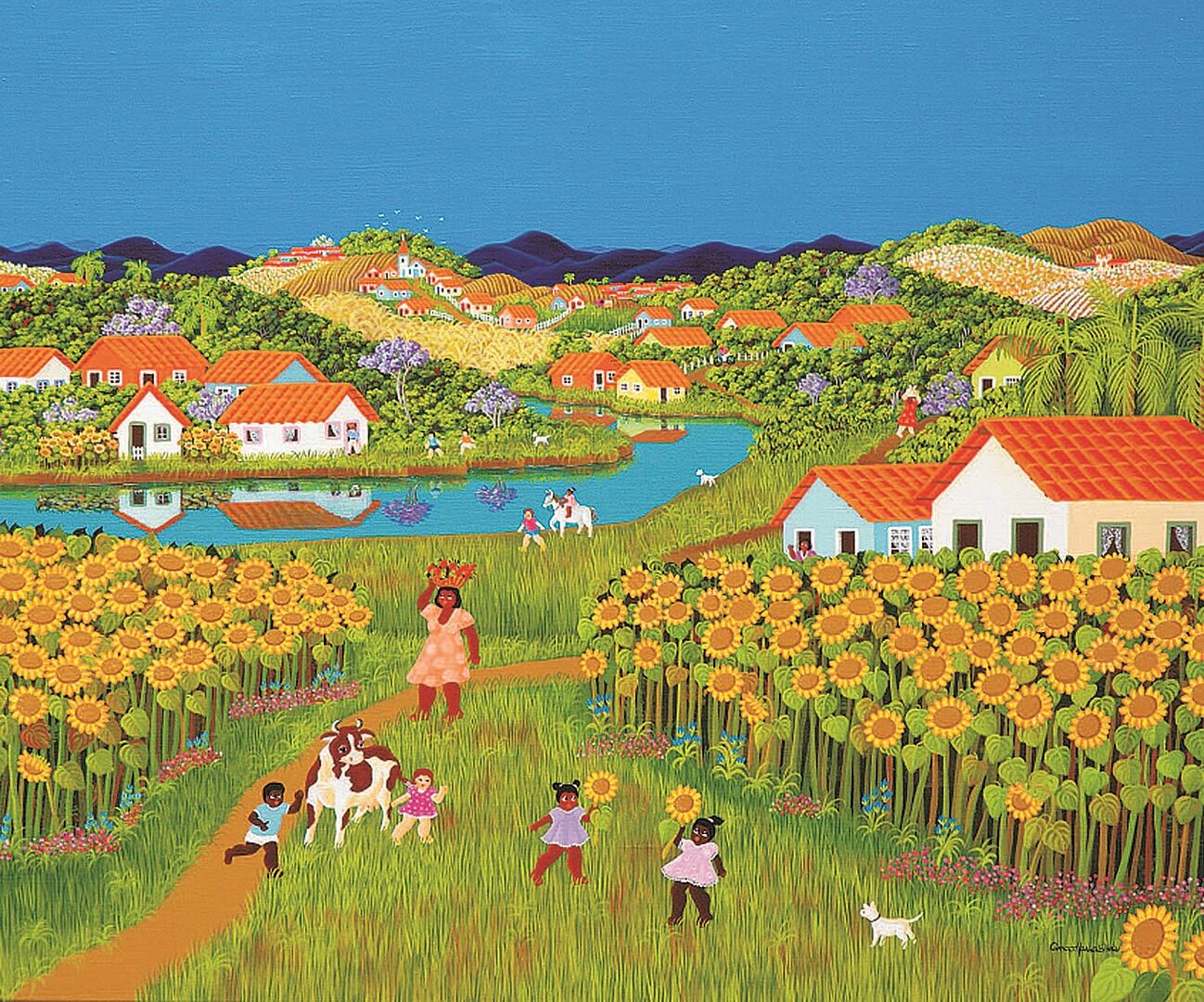 Bild 60x80 von Ana Maria Dias naive Malerei einer Landschaft mit Sonnenblumenfeldern, Häusern mit roten Zeigeldächern, einem Fluß der in einer Biegung durch die Wiesen zwischen den Häusern fließt, im Vordergrund spielende Kinder.