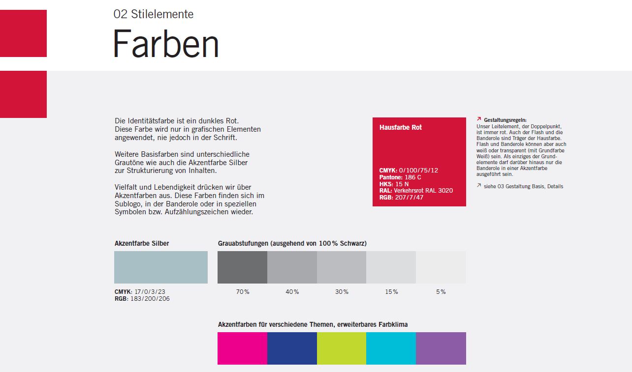 Corporate Design - Stilelement Farben Eine Seite aus dem CD Manual der Stadt Salzburg welche die Farben beschreibt.