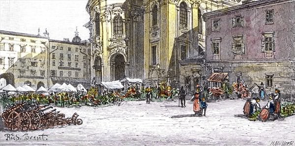 Grünmarkt 1889 Das Eingangsportal der St. Andrae Kirche mit Markstaenden auf dem Platz.