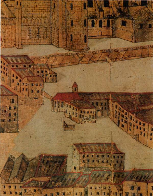 Waagplatz 1553 Darstellung der Gebaude um den Waagplatz im Hintergrund die Stadtmauer mit dem Dom dahinter.