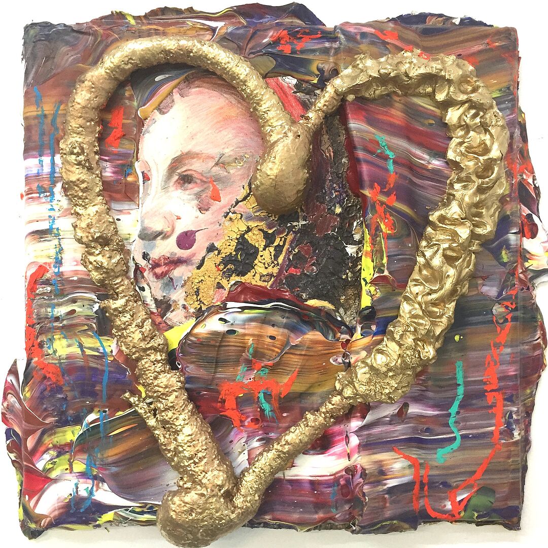 Stefan Heizinger: Veränderungen lieben, 2023, Farbe, Stifte, unterschiedliche Materialien auf Leinwand, etwa 55 x 55 x 6 cm